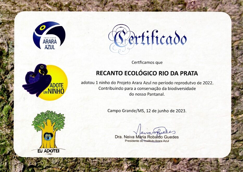 Adote um Ninho: Recanto Ecológico Rio da Prata recebe Certificado pela participação no Projeto Arara Azul